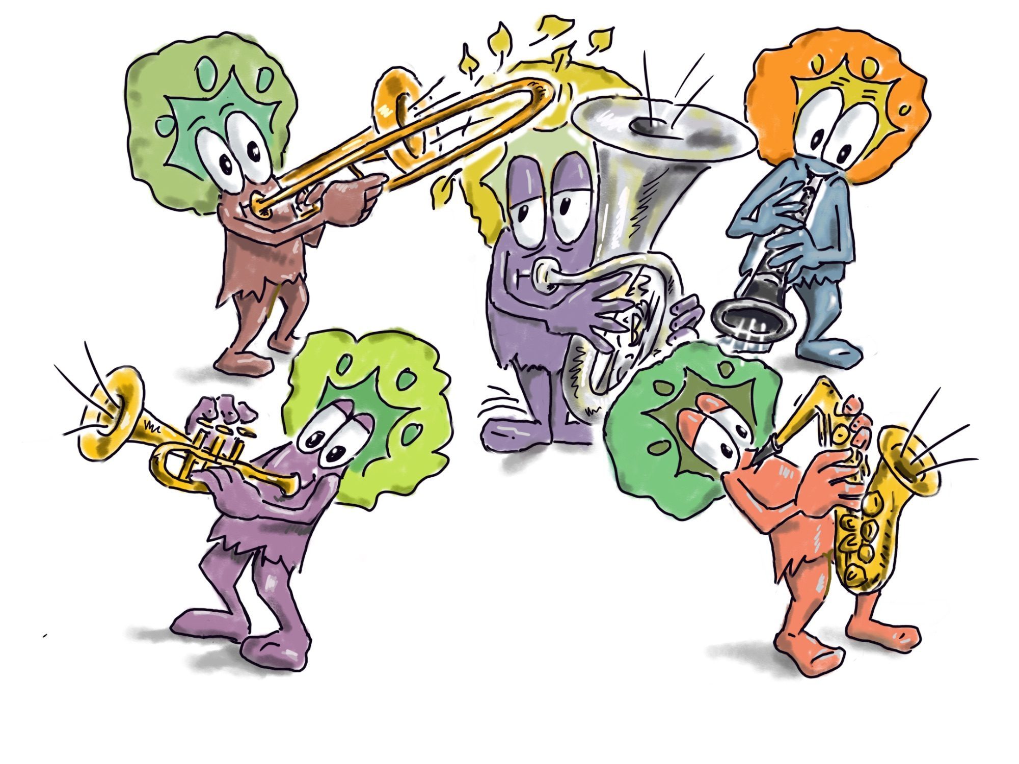 Schulmaskottchen spielen Posaune, Tuba, Klarinette, Trompete und Saxophon
